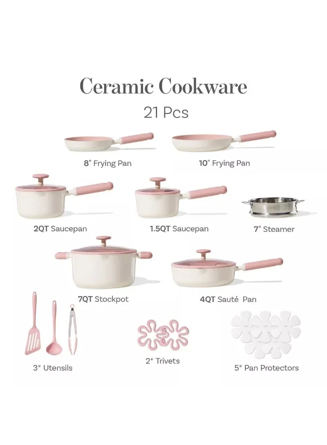 كاروت طقم أواني كاروت 21 قطعة سيراميك غير لاصق لطهي صحي خالٍ من PFAS، بأغطية سيليكون بمصفاة مزدوجة وقاعدة توزيع حرارة متساوٍ، متوافق مع جميع المواقد وآمن لغسالة الصحون (وردي)